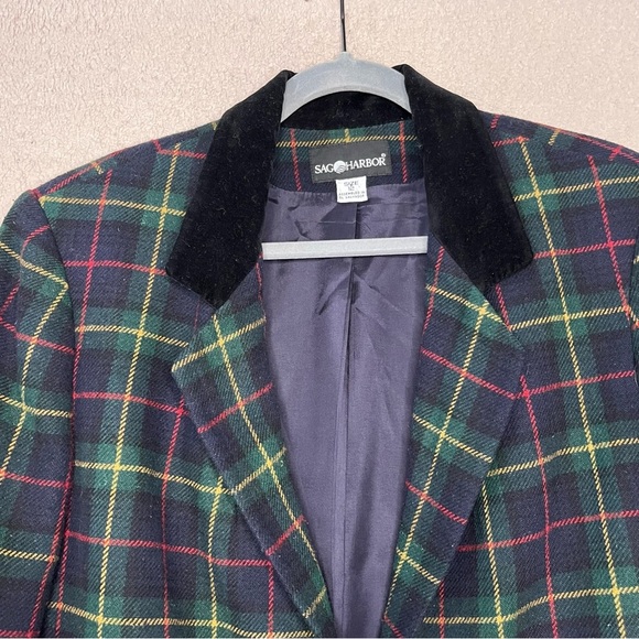 Vintage Sag Harbor Plaid Blazer Jacket-Green/Red-Women’s 12-Christmas-Holidays - Picture 3 of 12